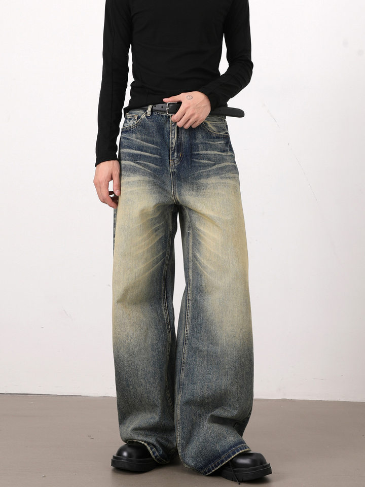 Quần jeans nam dáng rộng ống đứng phong cách retro Mỹ, giặt mài làm cũ — Màu xanh dương