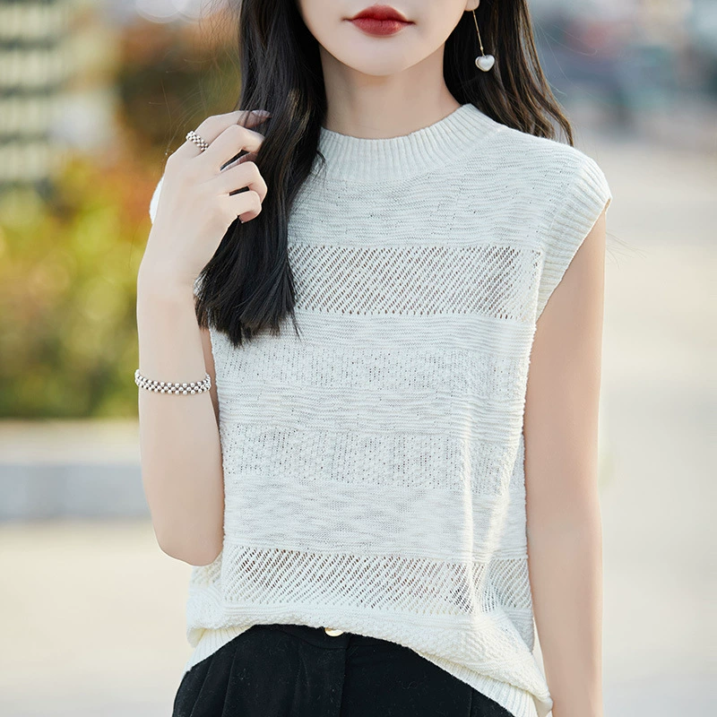 24-летнее новое лето с круглым вырезом темперамент рельефный полый хлопчатобумажный трикотаж без рукавов жилет женский сплошной цвет внешний топ