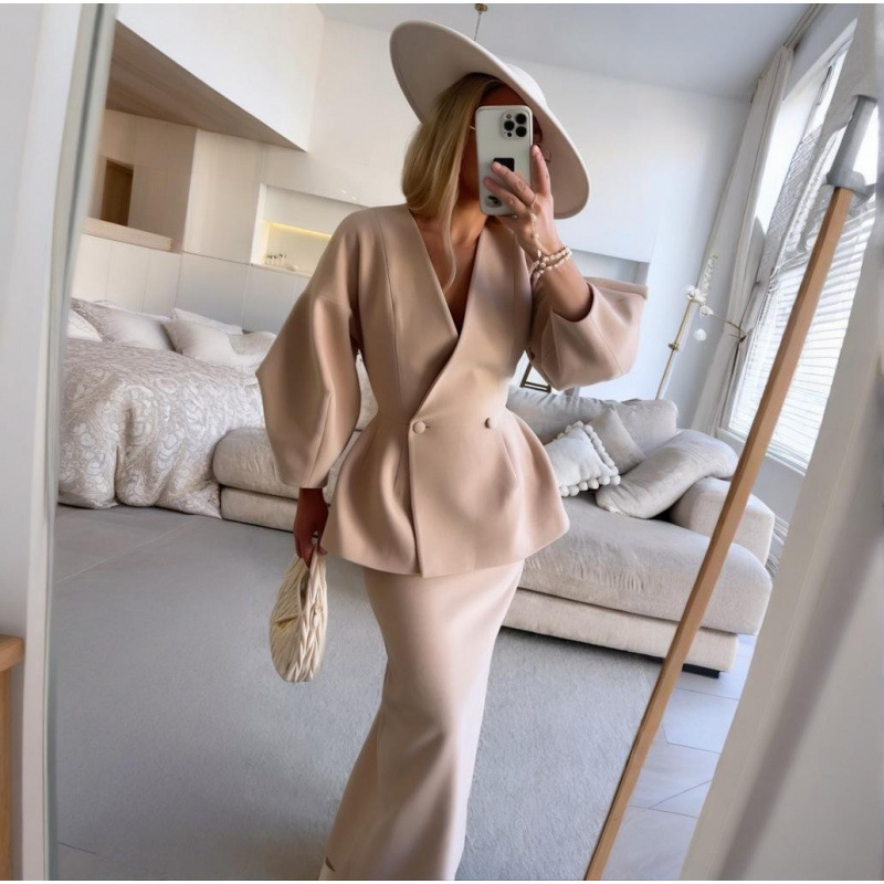 2026 Autumn New European and American Style Women's Fashion Solid Color Button Puff Sleeve Blazer Skirt Suit Set