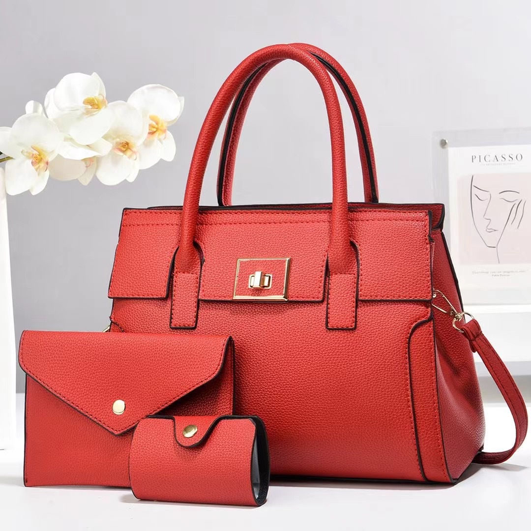 Square Shape Medium Size Women's Medium Pu Leather Solid Color Classic Style Sewing Thread Square Zipper Bag Sets