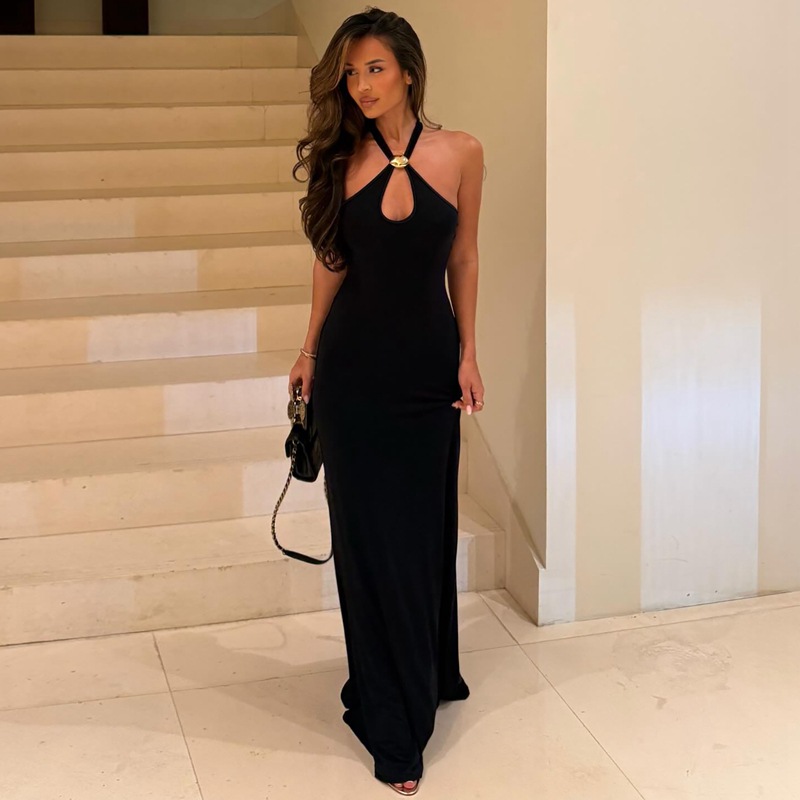 European And American Women's Clothing 2026 Summer New Metal Buckle Neck Strap Slim And Thin Spice Girl Dress_ecoleips.com