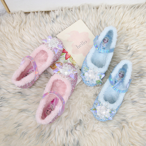 女童公主鞋冬季新款爱莎水晶鞋加绒单鞋粉色软底鞋子小女孩平底鞋