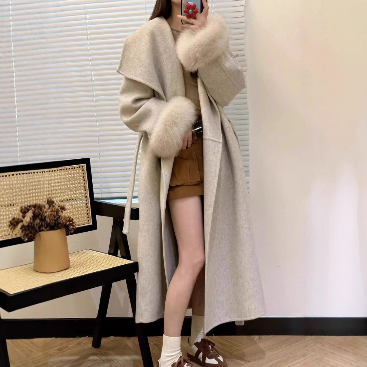 2025秋冬新款韩版轻奢羊毛呢外套中长狐狸毛双面呢羊绒大衣外套女