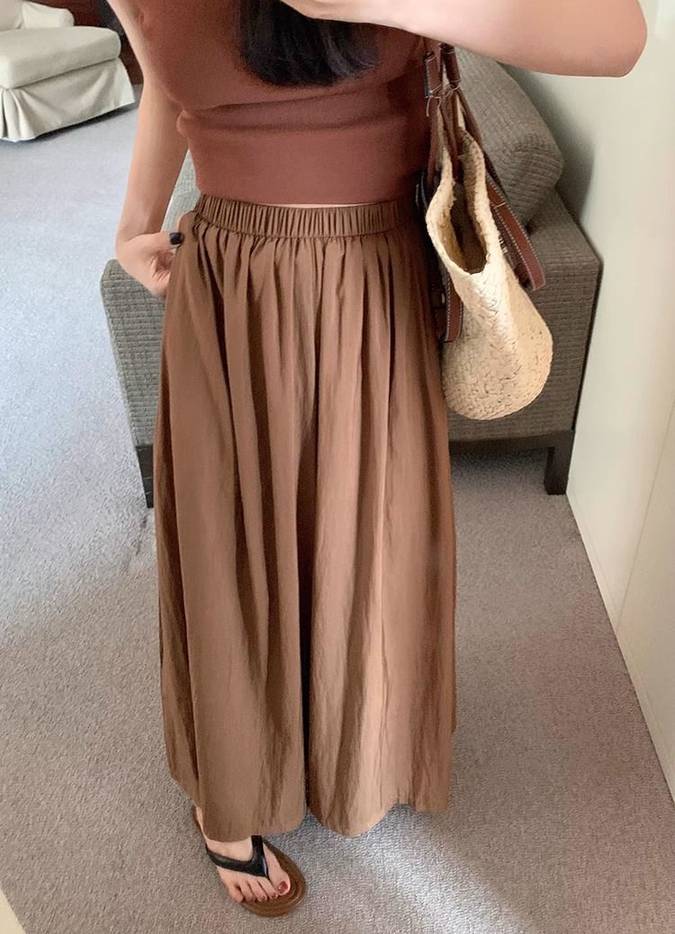 Textured casual trousers for women new retro high waist slim design solid color wide leg skirt pants_voghion.com