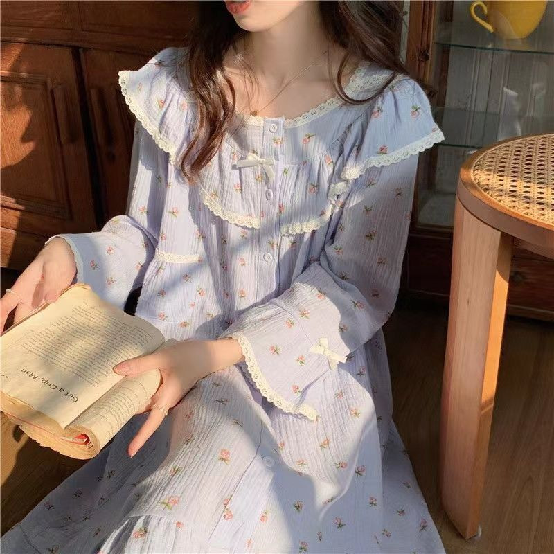 Pijamas de las mujeres de primavera nuevo estilo de la princesa japonesa dulce floral de manga larga de longitud media camisón se puede usar fuera de casa desgaste