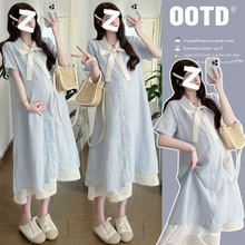 孕妇夏装韩版2025夏季孕妇装单排扣蕾丝拼接蝴蝶结假两件连衣裙子