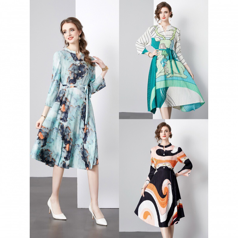 Shiny New Woven Stretchy Plus-Size Pleated Dress 2024 Spring and Summer Fashion Printed Slimming A-Line Long Dress