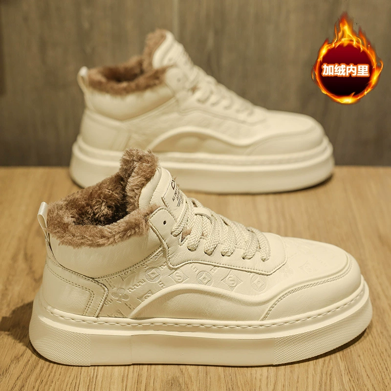 Высокая мужская обувь осенняя и зимняя передовая кожа, дикая повседневная обувь, спортивная нескользкая маленькая белая обувь на толстой подошве