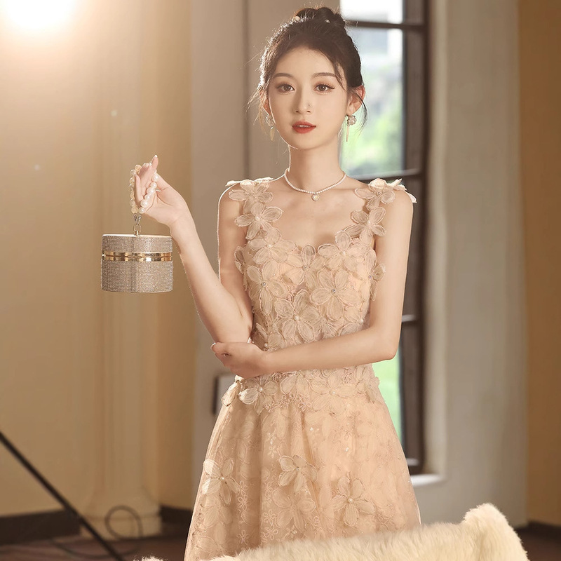 Student Graduation Evening Dress for Women 2026 New French-Style Spaghetti Strap Host Engagement Dress Light Luxury Niche Dress