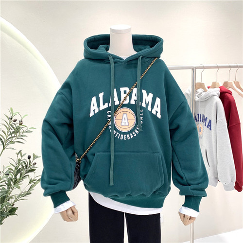 Women's Thick Fleece Hooded Sweatshirt with Ins Trendy Letter Print Loose Plus Size Outerwear for Autumn and Winter Korean Style