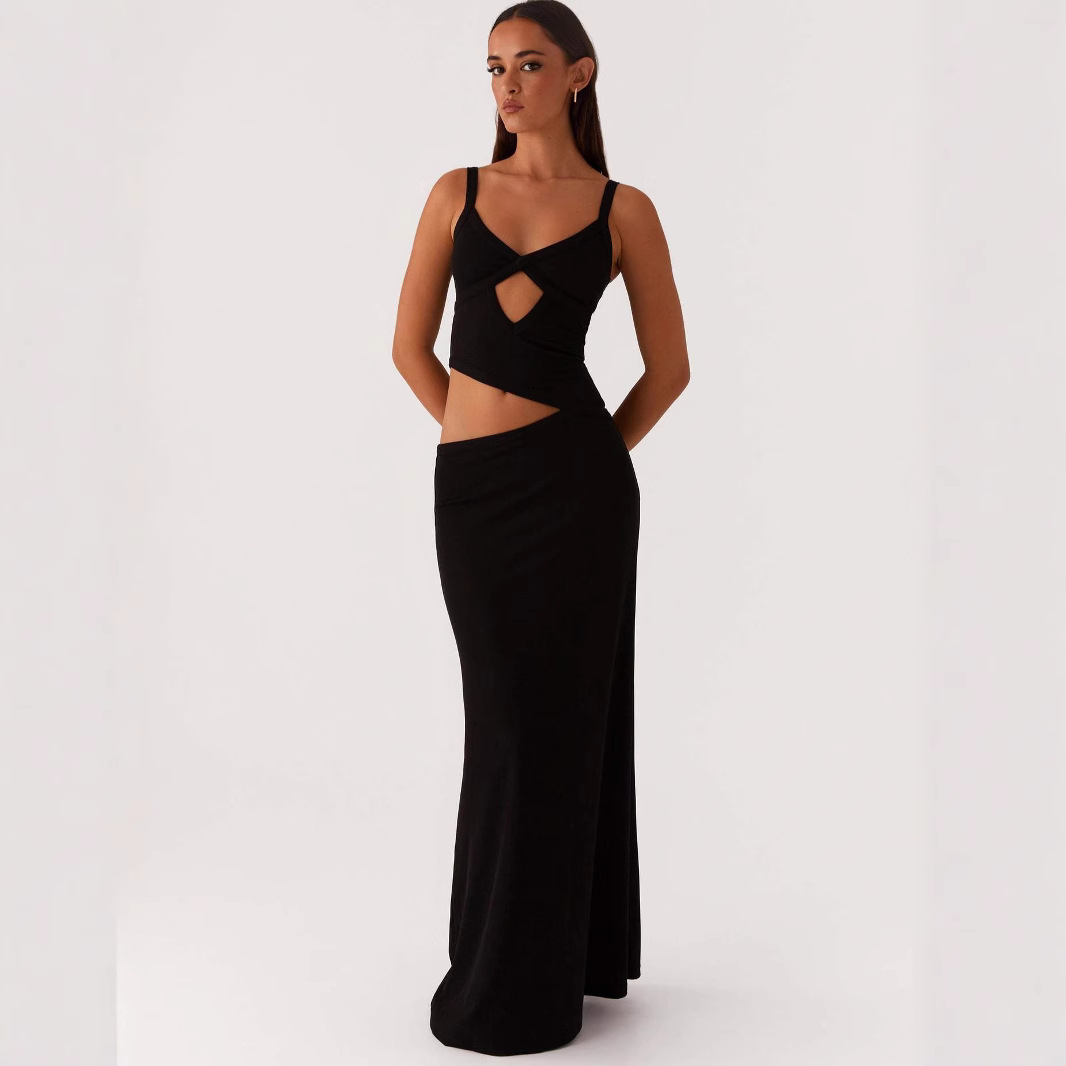 European and American Sexy Women's Cross-border Amazon New Sling Deep V-neck Hollow Irregular Stitching Solid Color dress