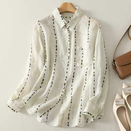 2025年秋季老钱风水滴印棉麻波西米亚风防晒透气长袖衬衫女