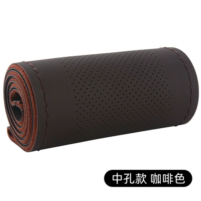 High Elastic Protein Leather Hand-Stitched: Steering wheel cover - medium-hole-coffee-38cm