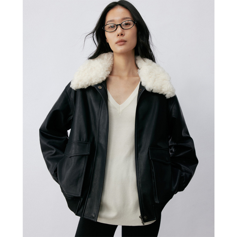 Bie Conflict Aesthetic Roll Wool Lapel Design Leather Jacket Women's Quilted Retro Warm Winter Jacket
