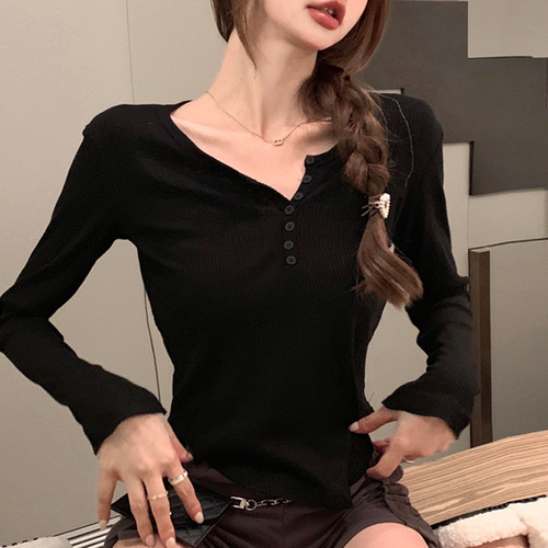 Threaded Base Shirt for Women | Spring/Summer Inner Wear | European Style 2025 | Trendy, Slim-Fit Top with Buttons | Long-Sleeve T-Shirt