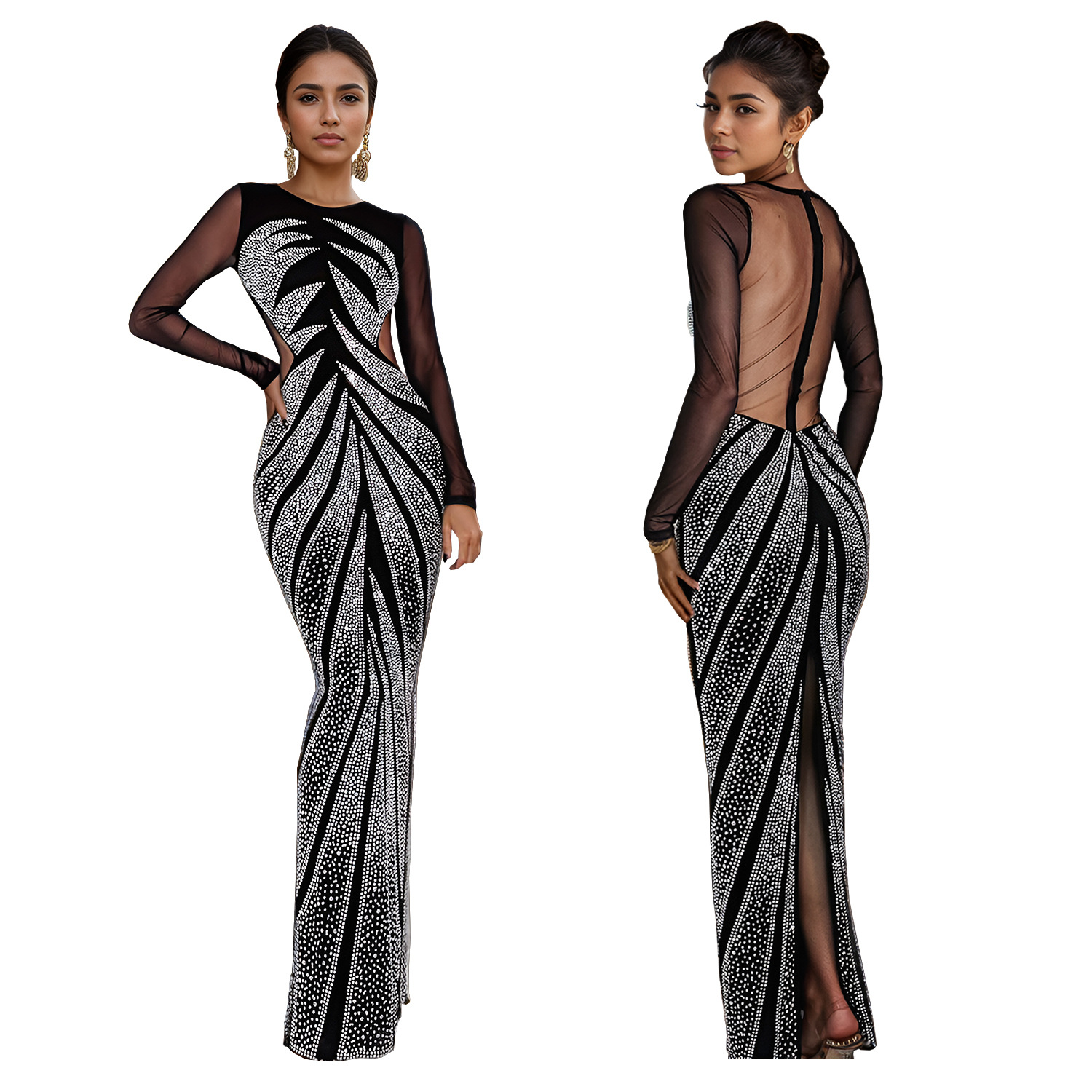 C7150 Aliexpress transfronterizo amazon ropa de moda europea y americana de mujer caliente diamante de manga larga sexy apretado vestido de cadera image 5