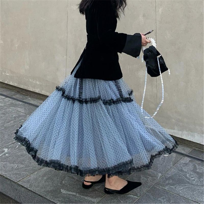 バレエ風アンドロメダのネット糸は蓬蓬蓬スカートの子供2025の新型の高腰が痩せている青い波点の半身のロングスカートをつなぎ合わせた