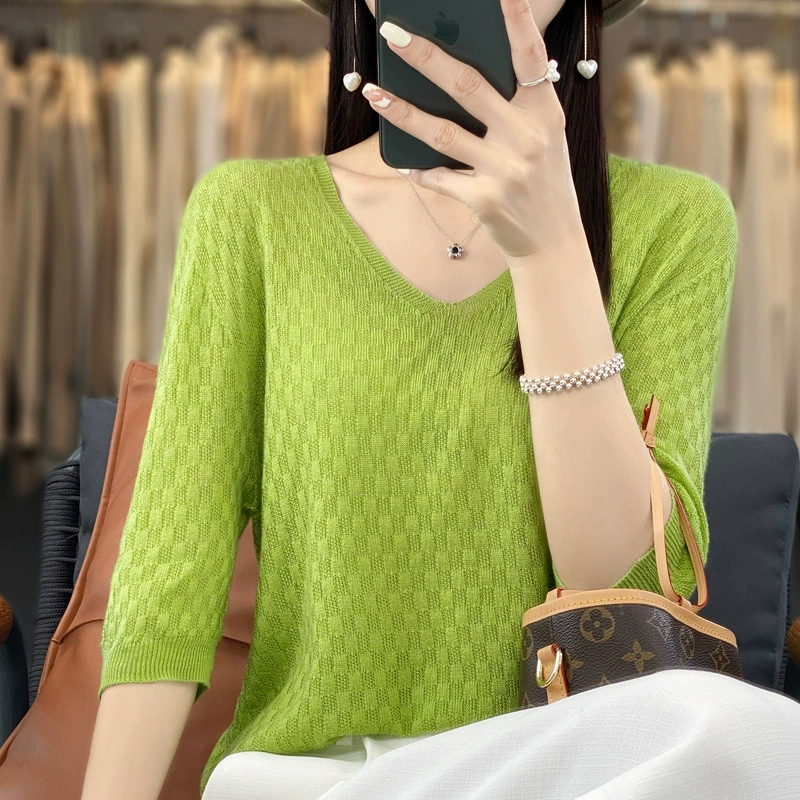 Высококачественная готовая к носке шерстяная трикотажная футболка с V-образным вырезом и короткими рукавами, четверть рукава, элегантный тонкий топ.