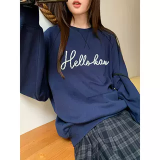 撞色字母绳带绣长袖卫衣女春季新款高级感圆领套头上衣