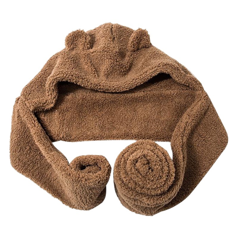Cross-Border Thickened Cute Bear Hat, Scarf and Gloves Three-Piece Set for Women in Autumn and Winter Warm Plush Hat and Scarf All in One