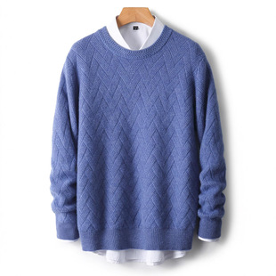 Autumn and Winter Men's Jacquard Thickened Wool Knitwear Casual Versatile Pure Color Knitwear Round Neck Pullover Top