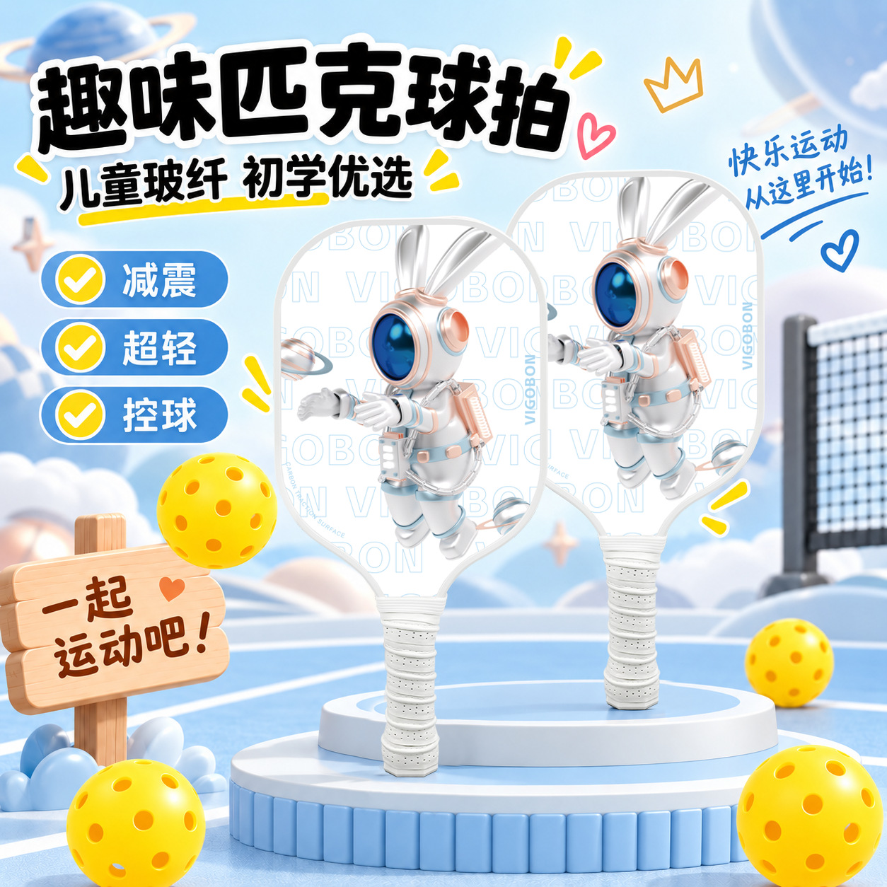 In-stock, direct from the manufacturer: fiberglass pickleball racket set, carbon fiber honeycomb design, children's pickleball racket
