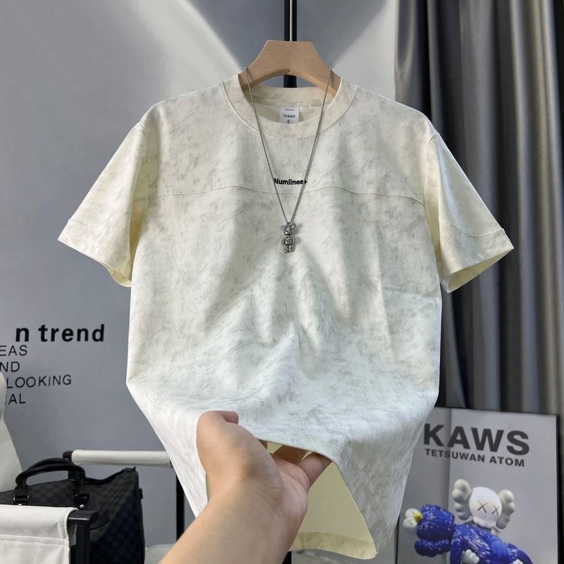 2025 夏の新メンズ半袖 Tシャツ無地シンプルなトレンディな若者ハイエンドシャツ絞り染めレタートップ|undefined
