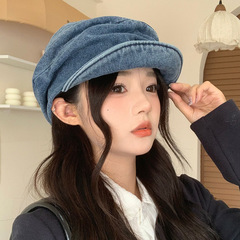 日系水洗做旧牛仔褶皱贝雷帽子女复古百搭显脸小画家八角帽报童帽