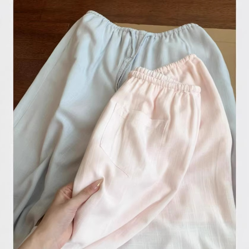 Quần culottes nữ ống rộng chất liệu linen phong cách lão tiền — xanh lam, màu hồng, màu trắng
