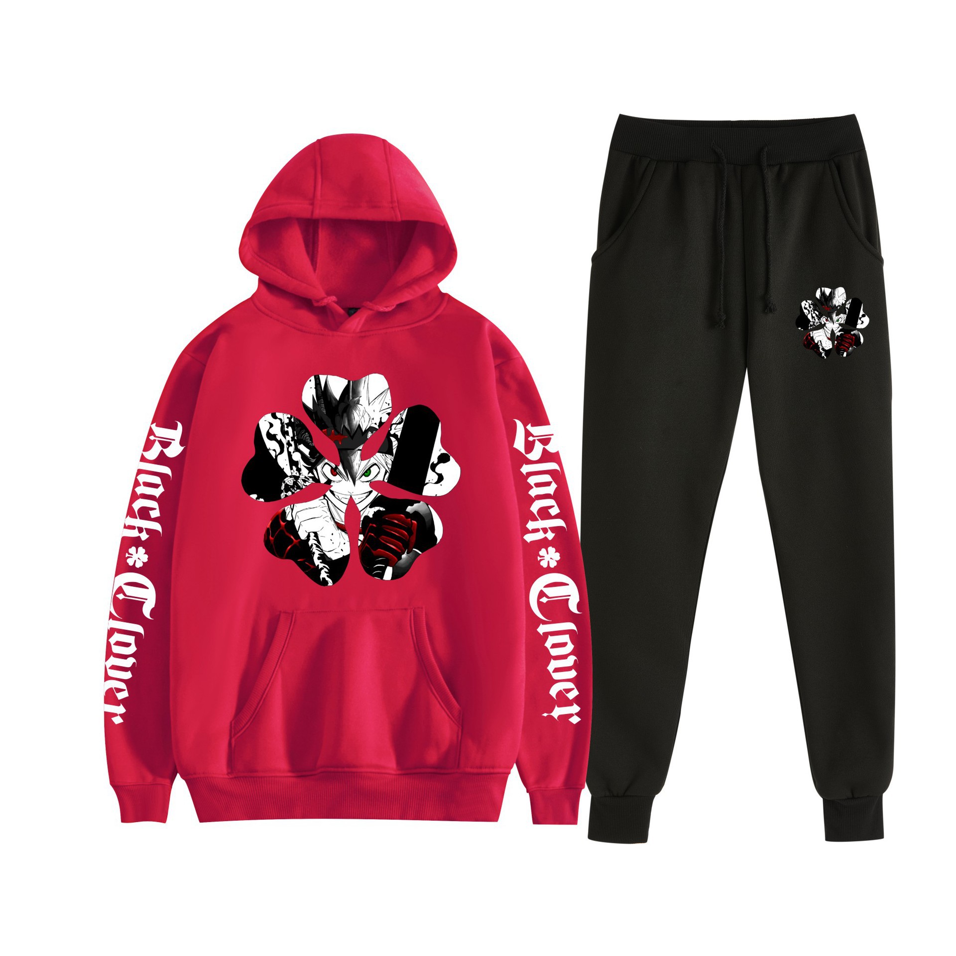 Trébol de cuatro hojas negro nuevo estilo transfronterizo Black Clover pareja suéter con capucha hombres y mujeres pantalones de dos piezas