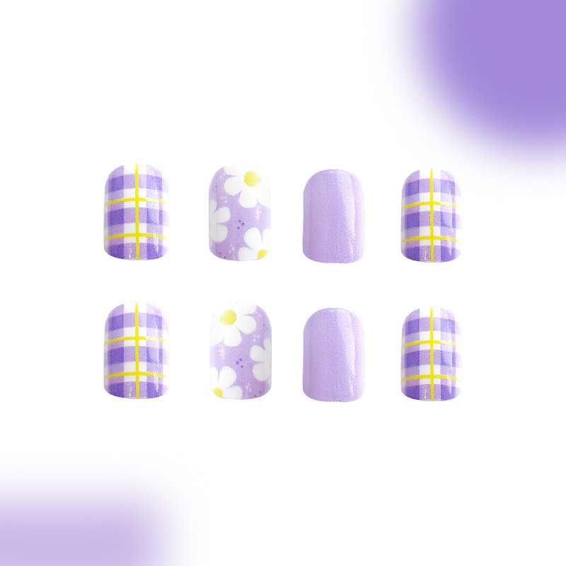 Short glossy square nail early spring plaid purple flowers summer fresh sweet ins wear nail detachable 24 pieces_voghion.com