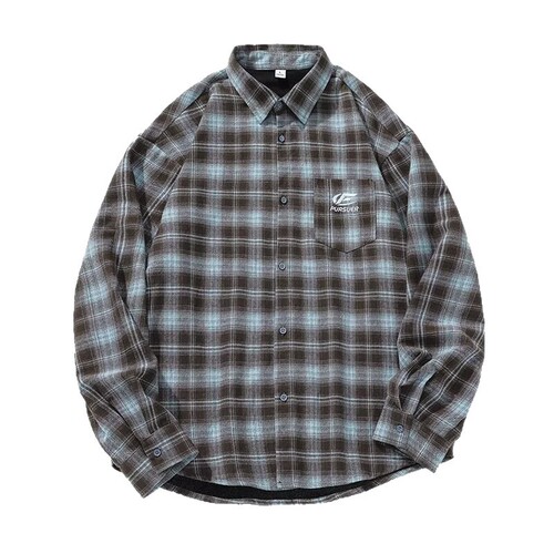 Vintage Checkered Shirt for Men - Spring and Autumn New Style, Collar, Pouch Design, Couple's Loose Long-Sleeve Shirt Jacket