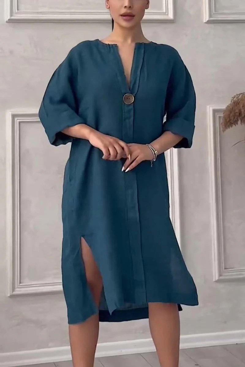 Summer Season Wholesale Women's Casual Button Solid Color Holiday Round Neck 3/4 Length Sleeve Shirt Dress