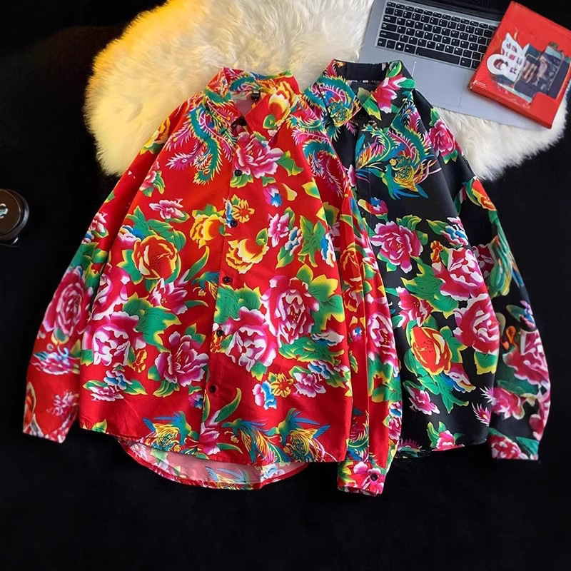 Northeast Long Sleeve Big Flower Shirt Same Style Spring and Autumn Chinese Style National Tide Ethnic Popular This Year Design Shirt for Men and Women