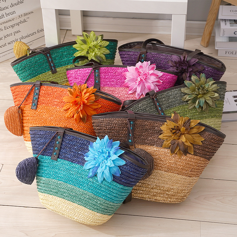 Summer Straw Bag Large Capacity Women's 2021 New Fashionable Colorful Western Style Portable Beach Vacation Bag Woven Satchel