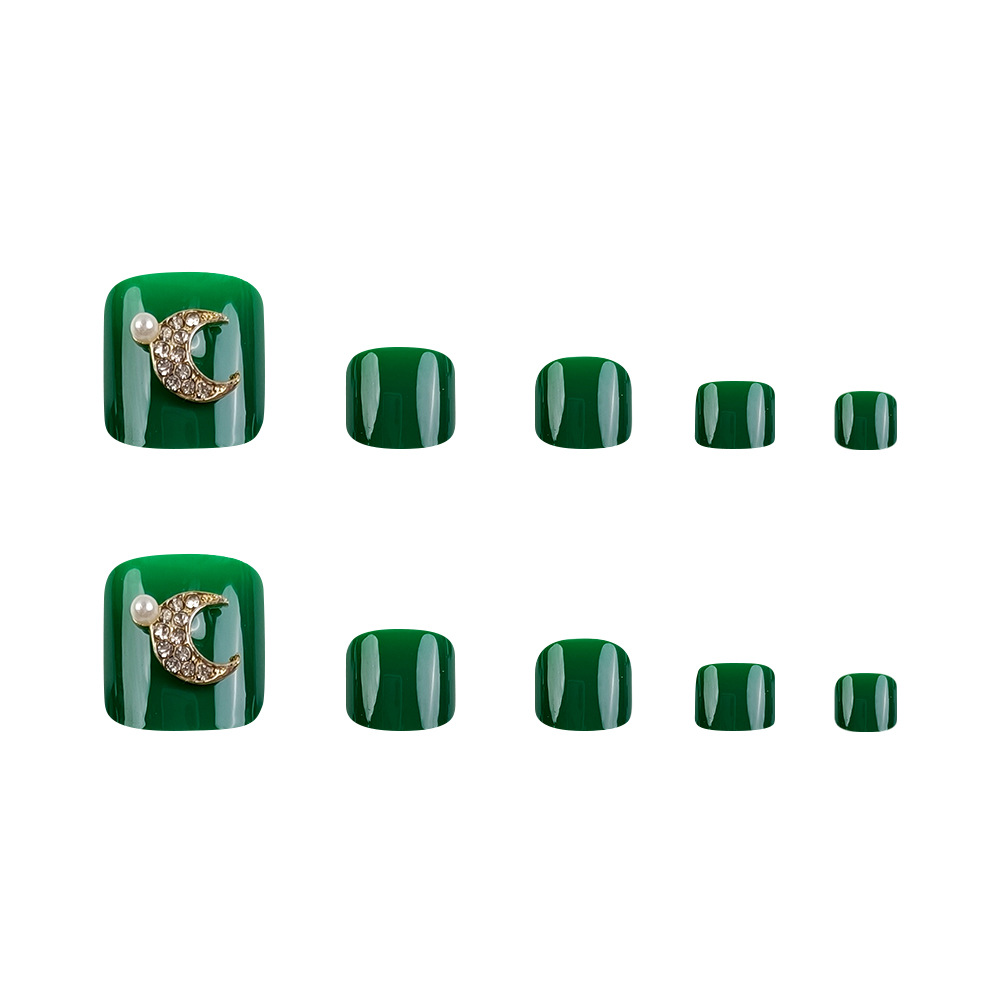 Perla verde oscuro adornamiento de perla lunar pie desgaste de uñas comercio exterior ligero de lujo manicure pie pie de uñas 24 piezas de parche de uñas image 5