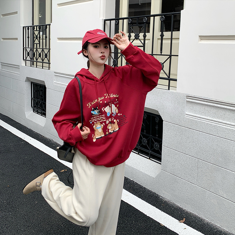 肥柒柒大码女装卫衣2025秋冬新款可爱印花宽松型连帽卫衣加绒加厚|undefined