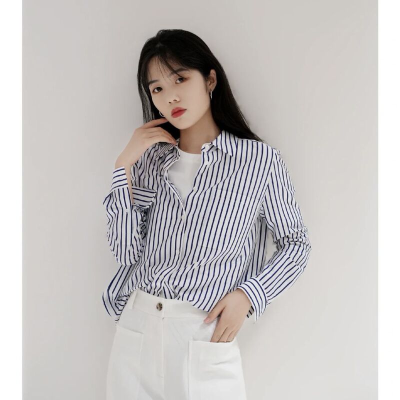 IC Xiaohe 2023 autumn new pure original high-count mercerized cotton color stripe jersey striped shirt simple all-match