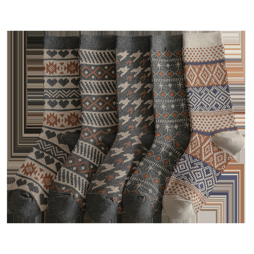 Double needle double-way socks for women's mid-tube socks thickened warm wireless head stockings retro ethnic style
