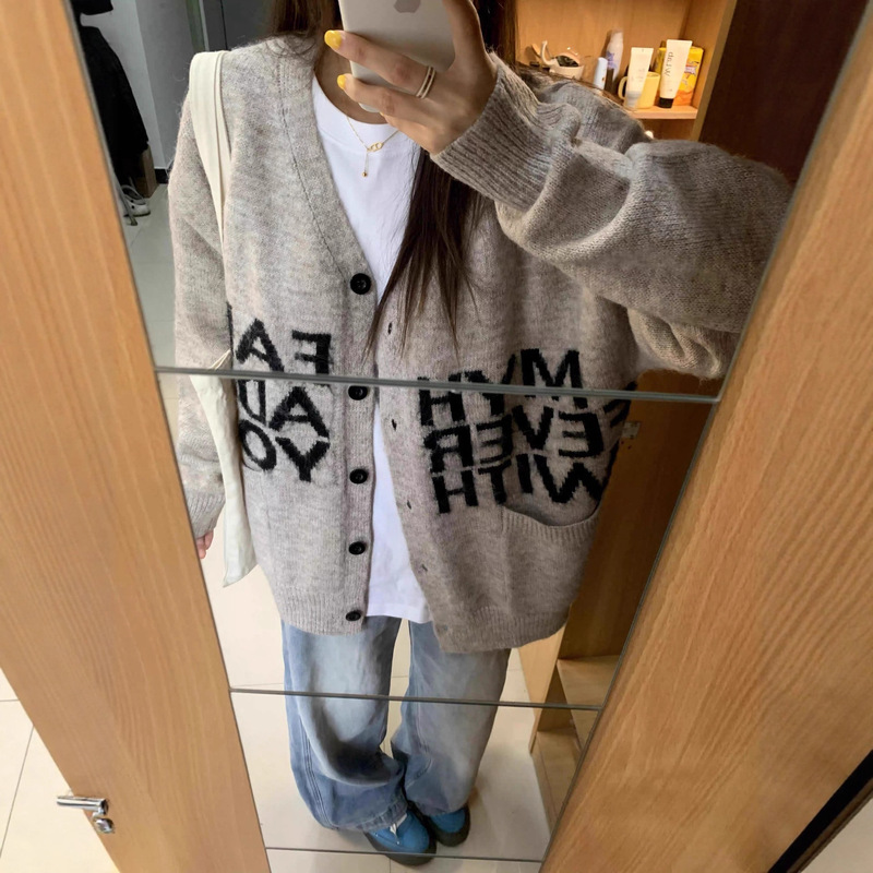 美式复古V领针织开衫外套女2025秋冬新款宽松慵懒休闲毛衣潮|undefined
