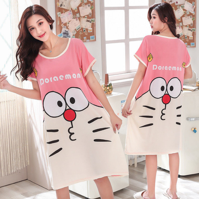 Camisón de las mujeres del verano Delgado manga corta nueva línea rojo estilo pijamas dibujos animados lindo señoras vestido flojo desgaste hogar