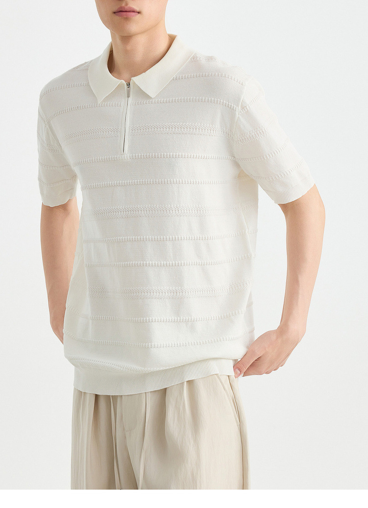 Áo polo nam tay ngắn cổ bẻ phối khóa kéo một nửa, chất liệu dệt kim hoa văn jacquard — đen chi tiết 23