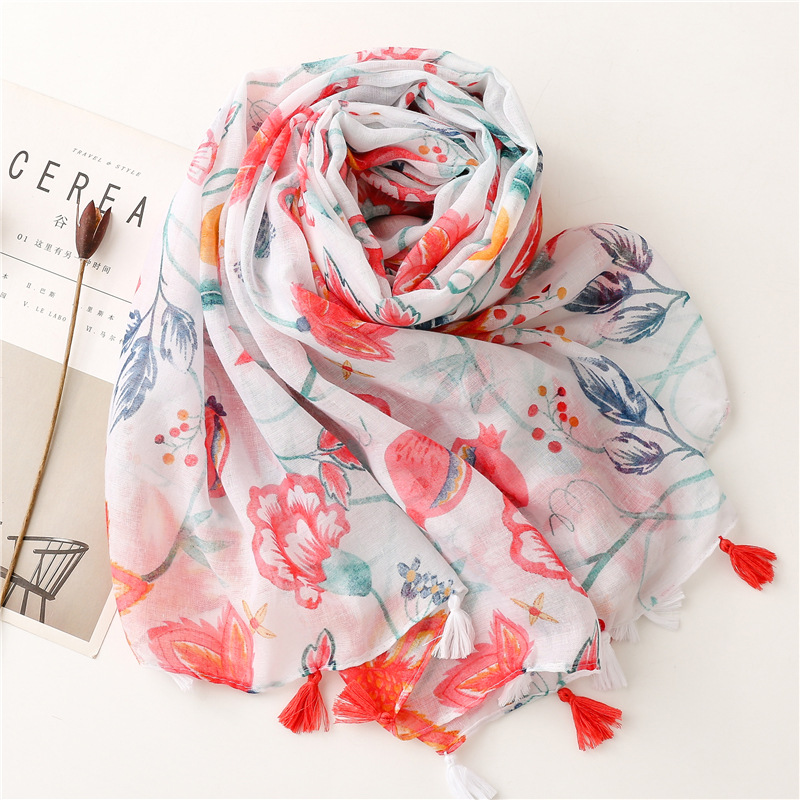 Sweet Style Cotton And Linen Scarf Red Petals Dragon Fruit Tassel Scarf Shawl
