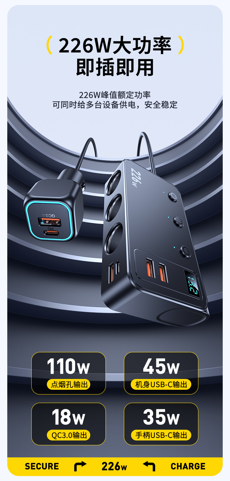Cross-Border New Model Car Charger 226W Fast Charging One-To-Three Car Accessories Mobile Phone Charger USB Cigarette Lighter