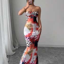 女士优雅时尚全身印花夏季还后背扭结长款连衣裙