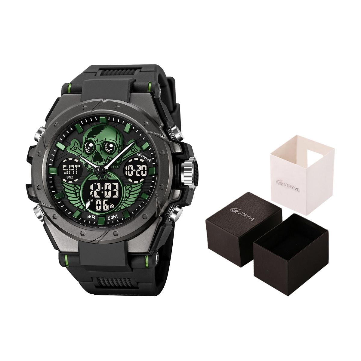 STRYVE e-commerce hombres deportes cráneo luminoso electrónico impermeable reloj multifuncional reloj entrega de una pieza 8008