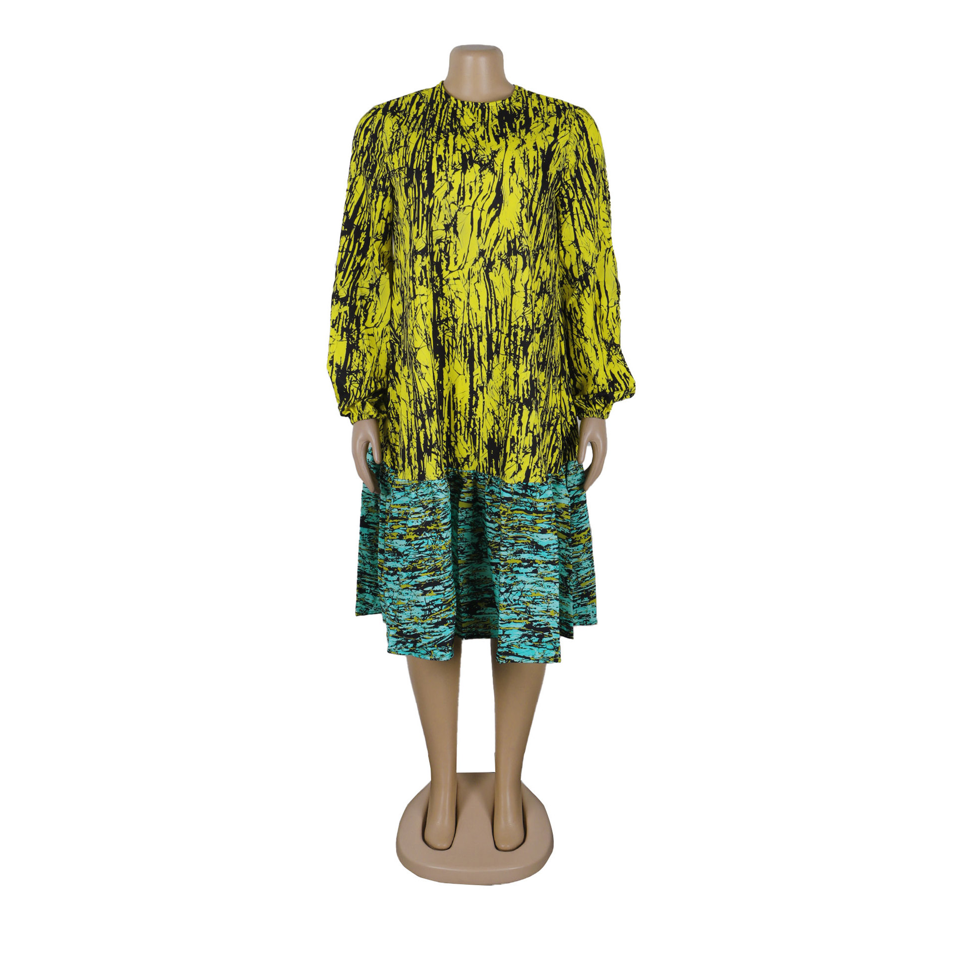 Printed Lace up Lantern Sleeve Loose Large Round Neck Dress