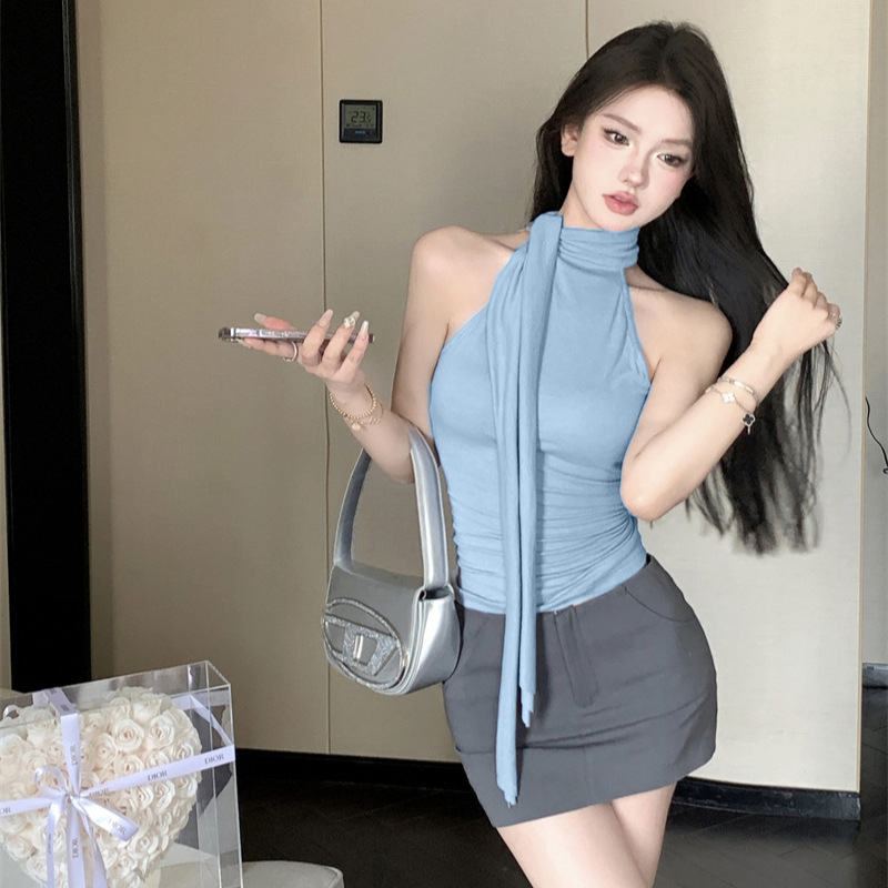40 Count Modal 260g Rayon Sleeveless High Collar Halter Vest with Ribbon Outer Wear Slim T-Shirt Women's Top