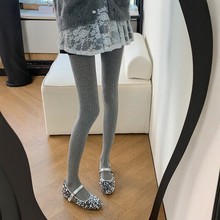 韩系浅灰色miu系坑条棉直角跟连裤袜竖条纹丝袜女春秋款打底裤袜