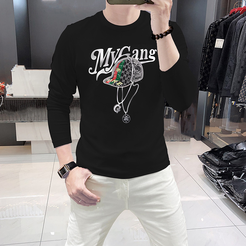 2024 Spring Autumn New Men's Long Sleeve T-Shirts Luxury Round Neck Shirts Hat Rhinestone European Men's Tops Slim Fit Trendy Shirts Men_voghion.com
